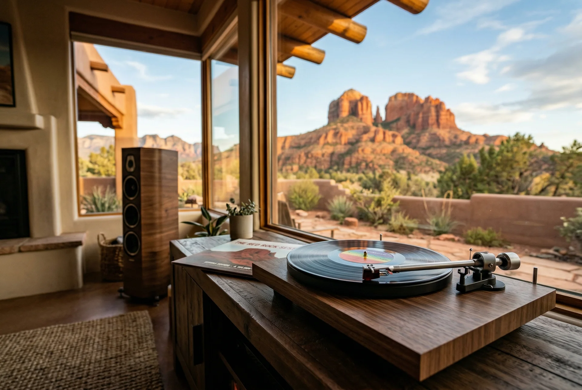 Vinyl record on turntable with tower speaker blurred in background in Sedona Arizona