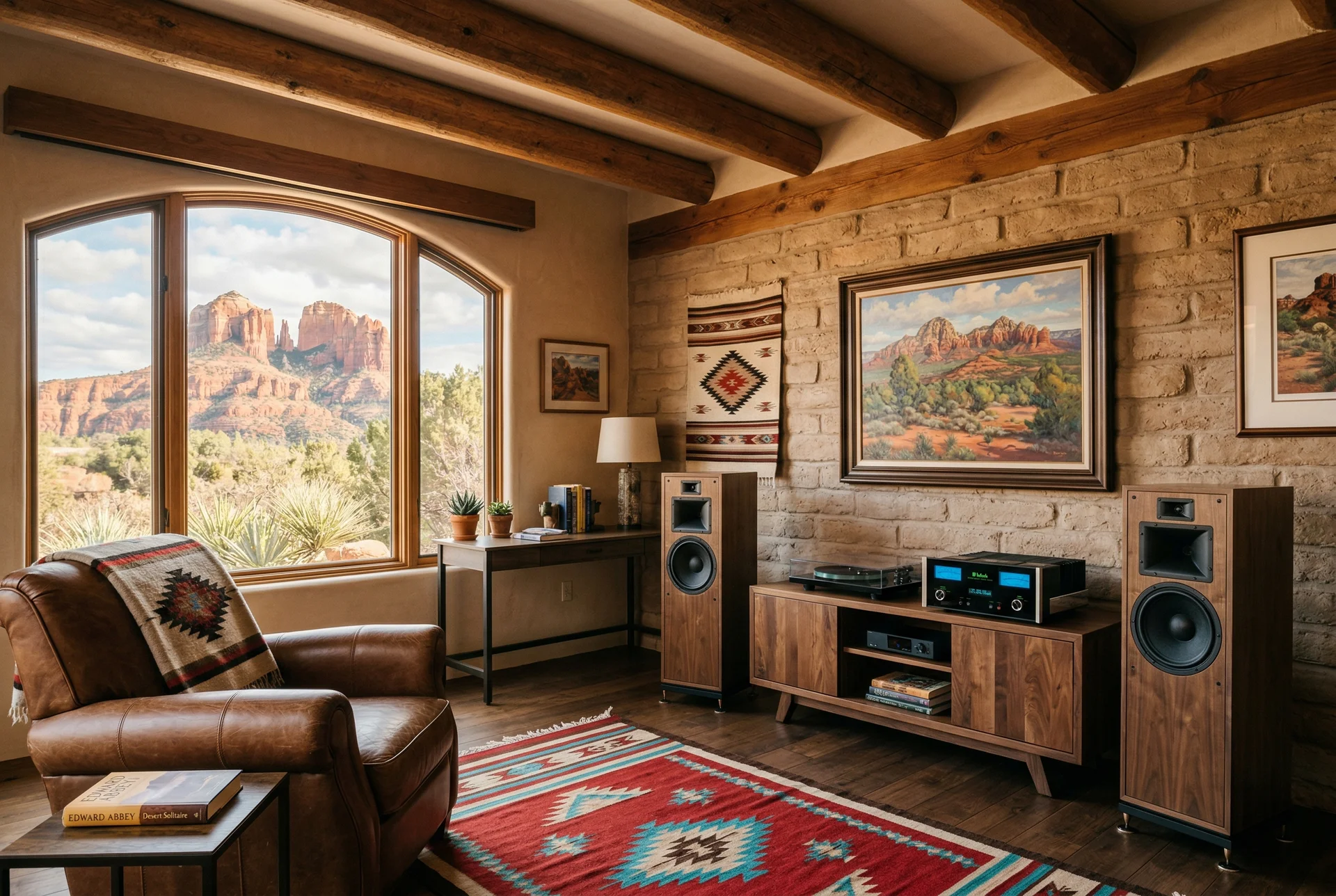Two-channel stereo with tower speakers in study in Sedona Arizona