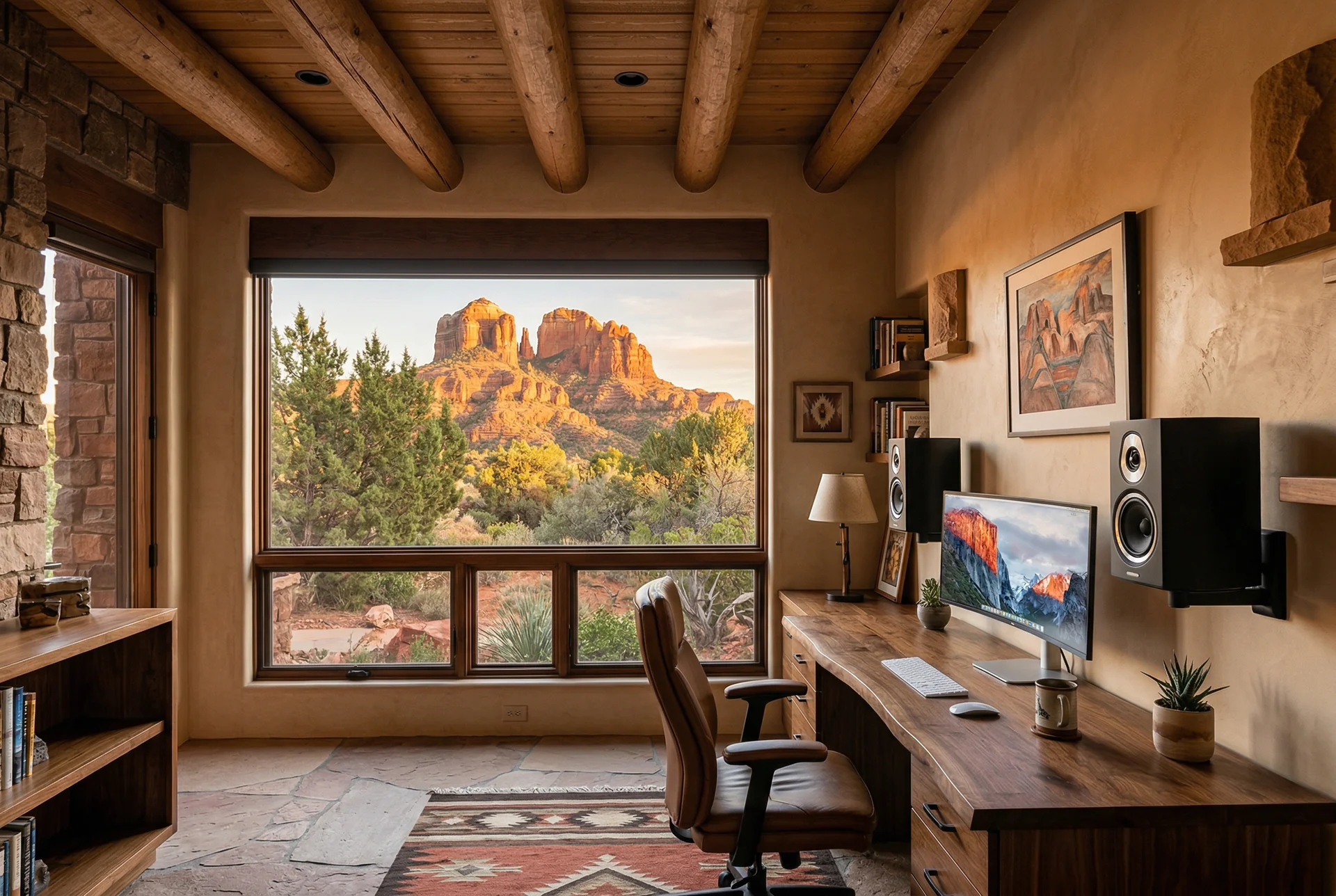 Home office with on-wall speakers in Sedona Arizona