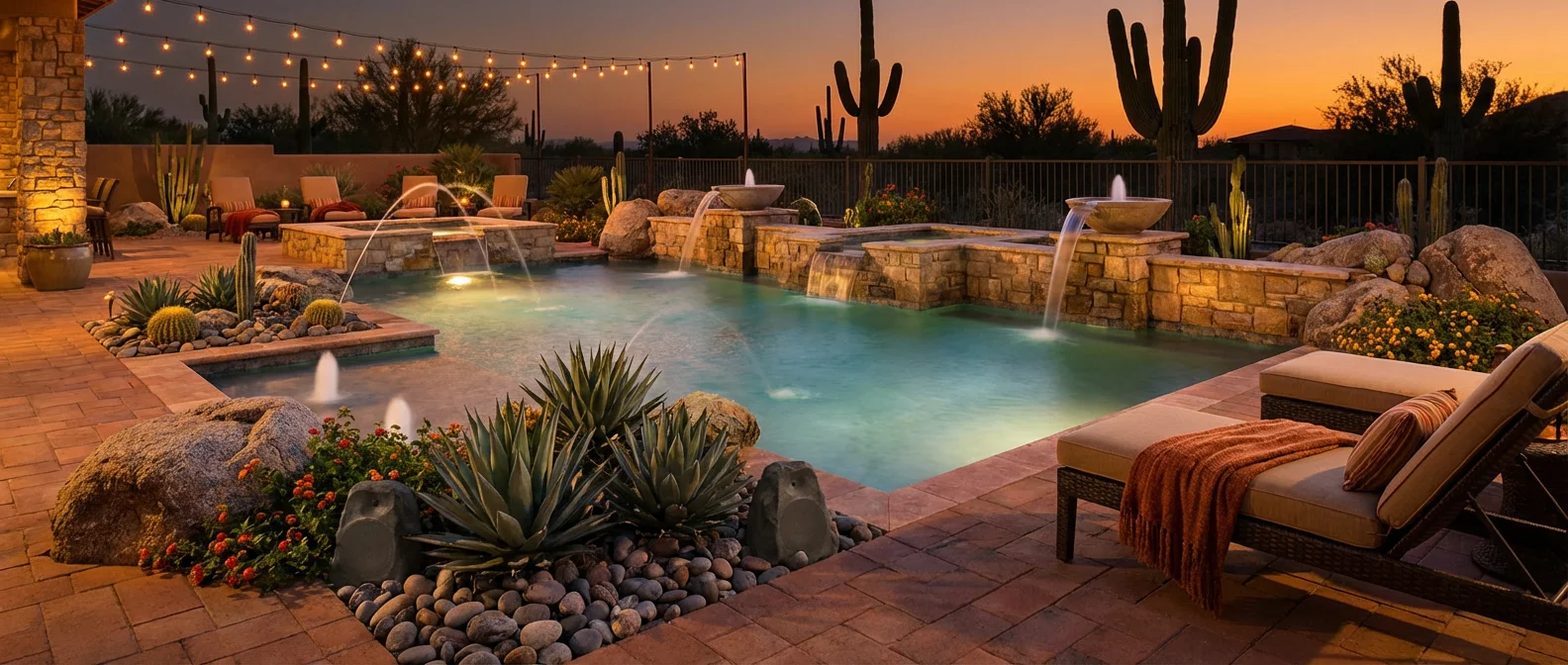 Landscape speakers installed near pool deck in a luxury Scottsdale AZ outdoor audio system
