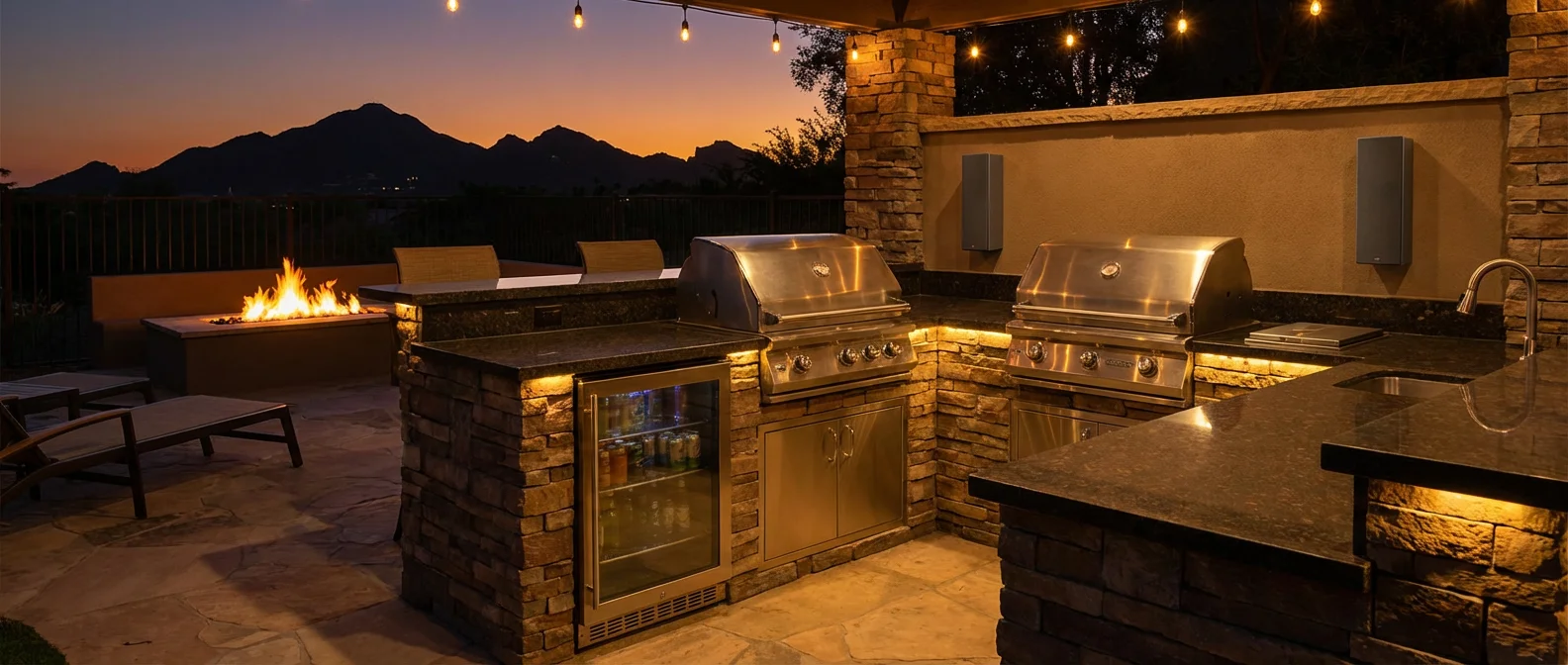 Outdoor kitchen audio zone with on-wall speakers in a Scottsdale AZ luxury backyard installation