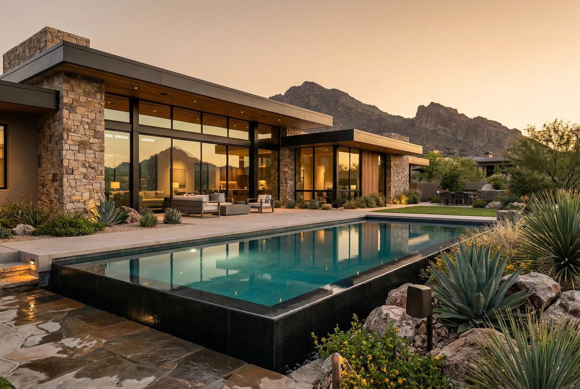 Landscape speaker nestled in desert landscaping near a pool in Paradise Valley Arizona home