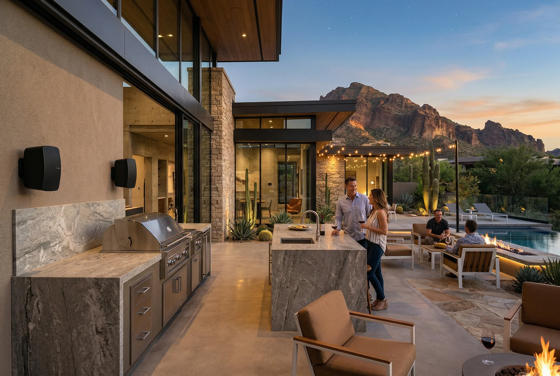 Outdoor kitchen area with compact on-wall speakers in Paradise Valley Arizona home