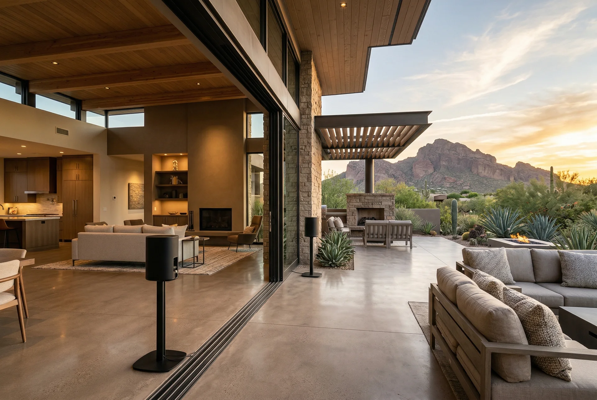 Indoor-outdoor transition through open glass walls showing speakers in both zones in Paradise Valley Arizona home