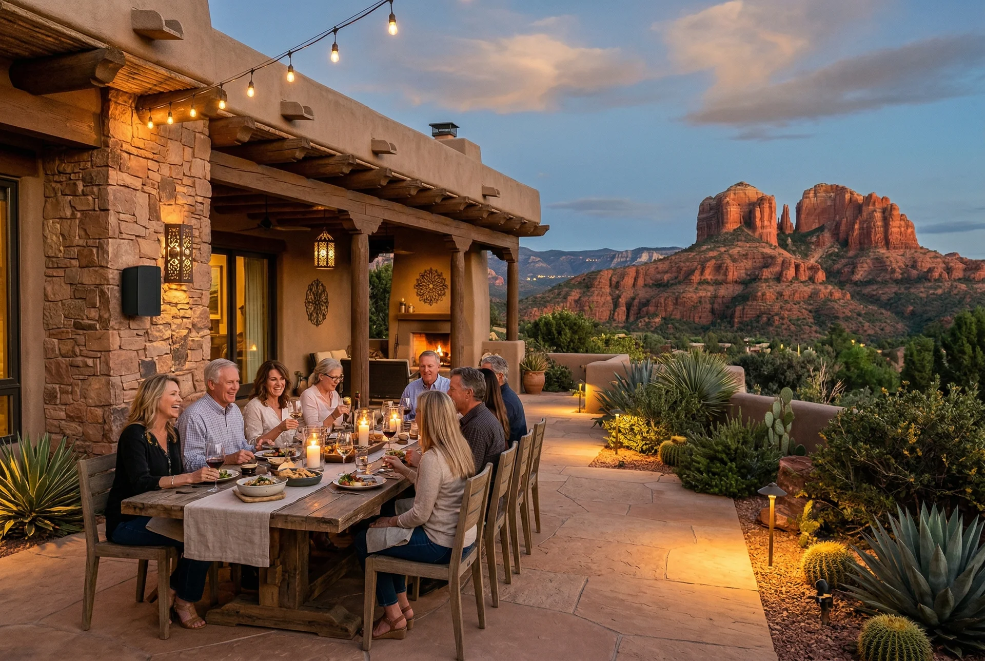 Outdoor dining with on-wall speakers and landscape lighting in Sedona Arizona
