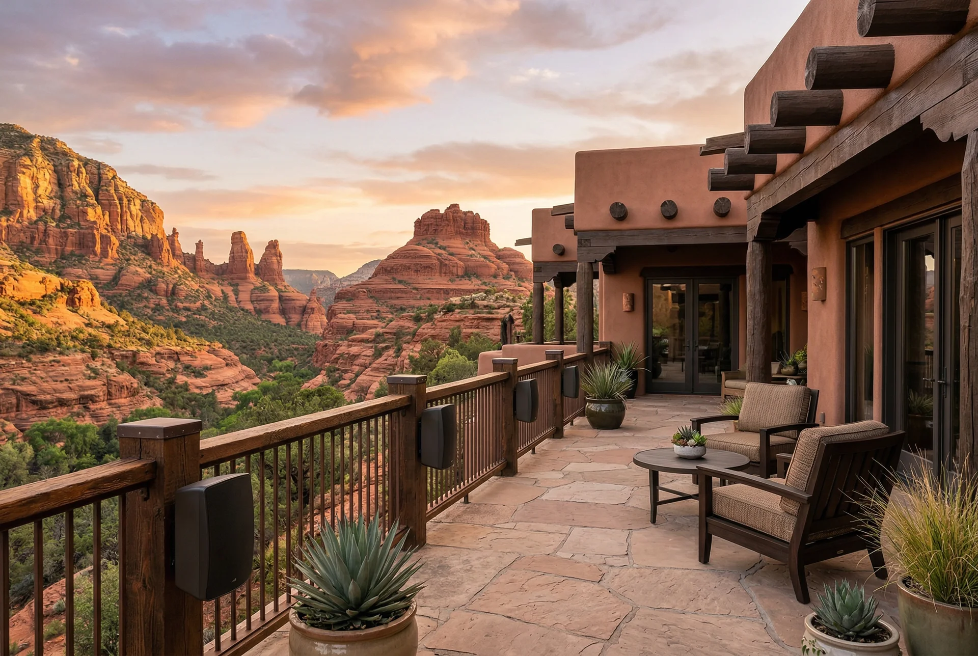 Canyon-view deck with landscape speakers along railing in Sedona Arizona