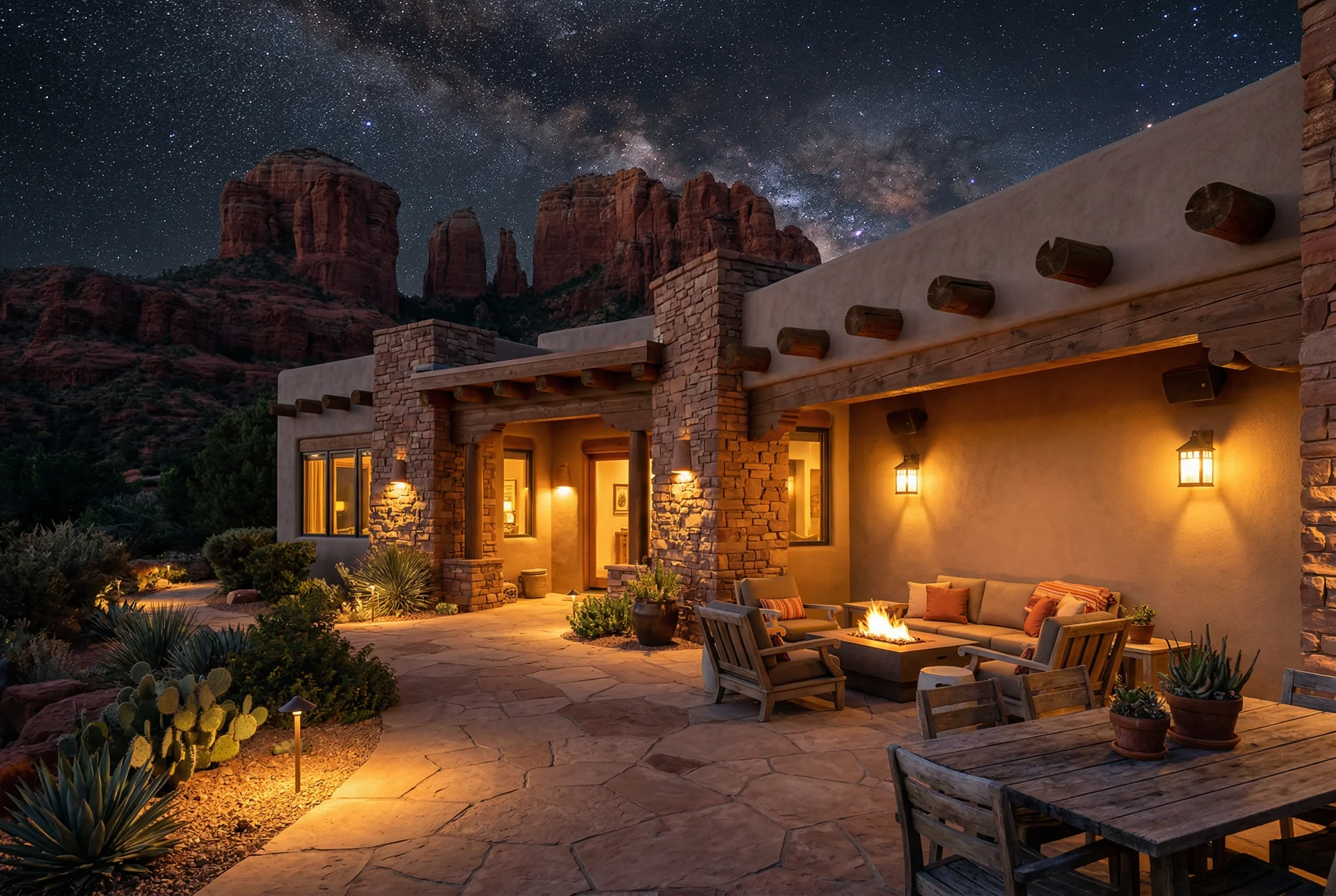 Outdoor lighting and speakers on patio in Sedona Arizona