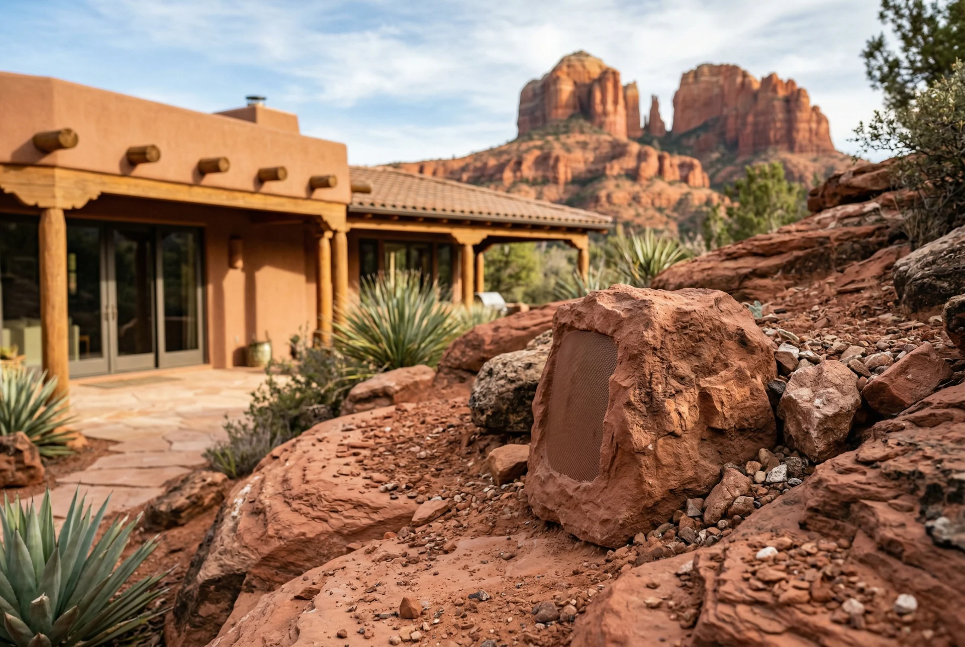 Close-up of rock-style landscape speaker blending perfectly with red sandstone terrain in Sedona Arizona