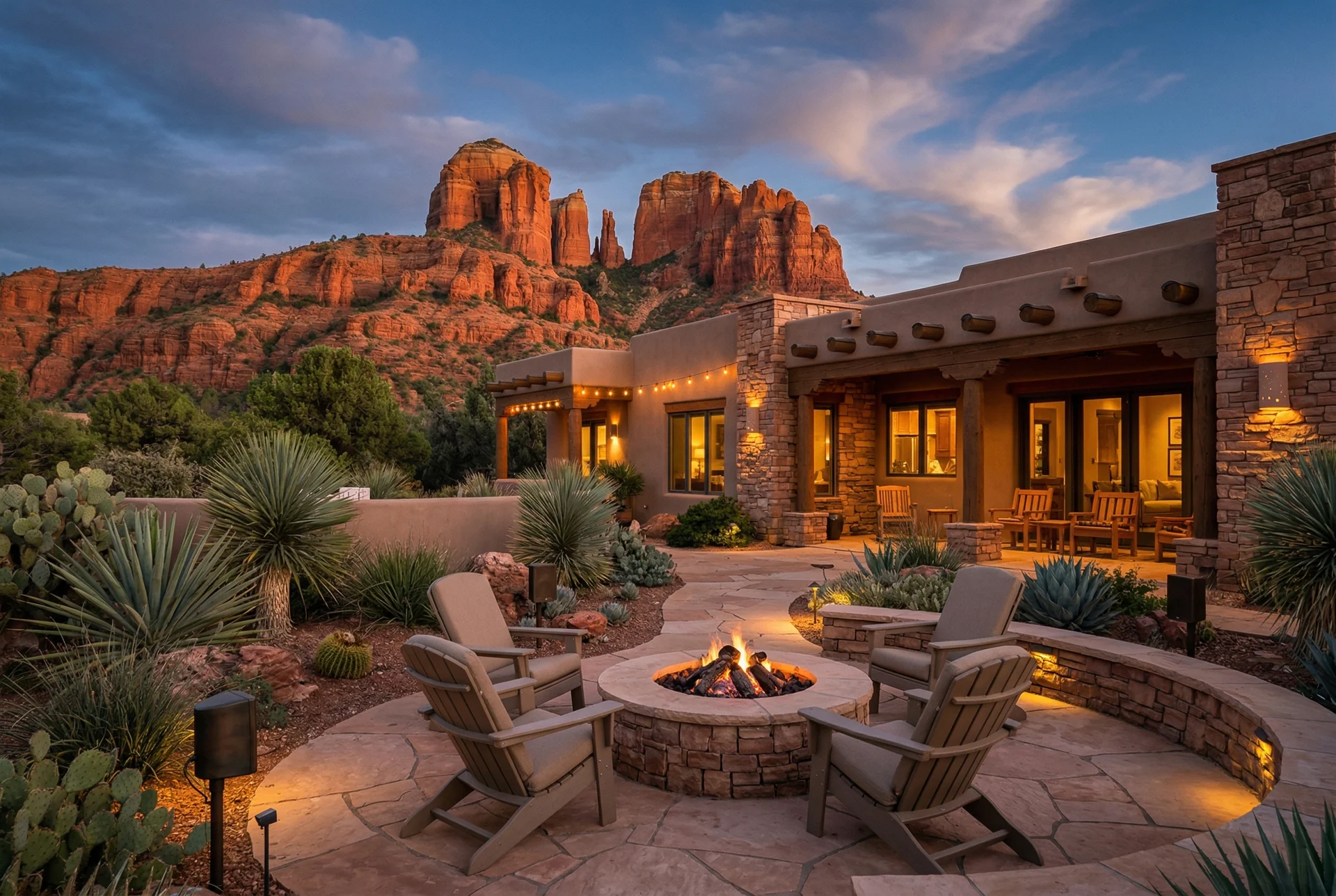 Fire pit area with subtle landscape speakers among desert plants in Sedona Arizona