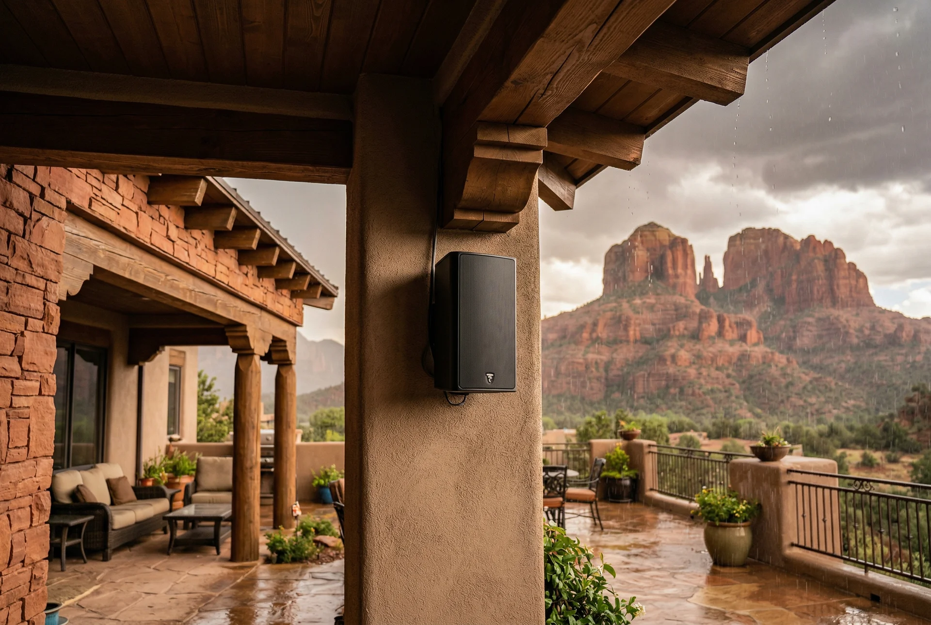 On-wall speaker mounted under covered patio overhang with monsoon rain visible in background in Sedona Arizona