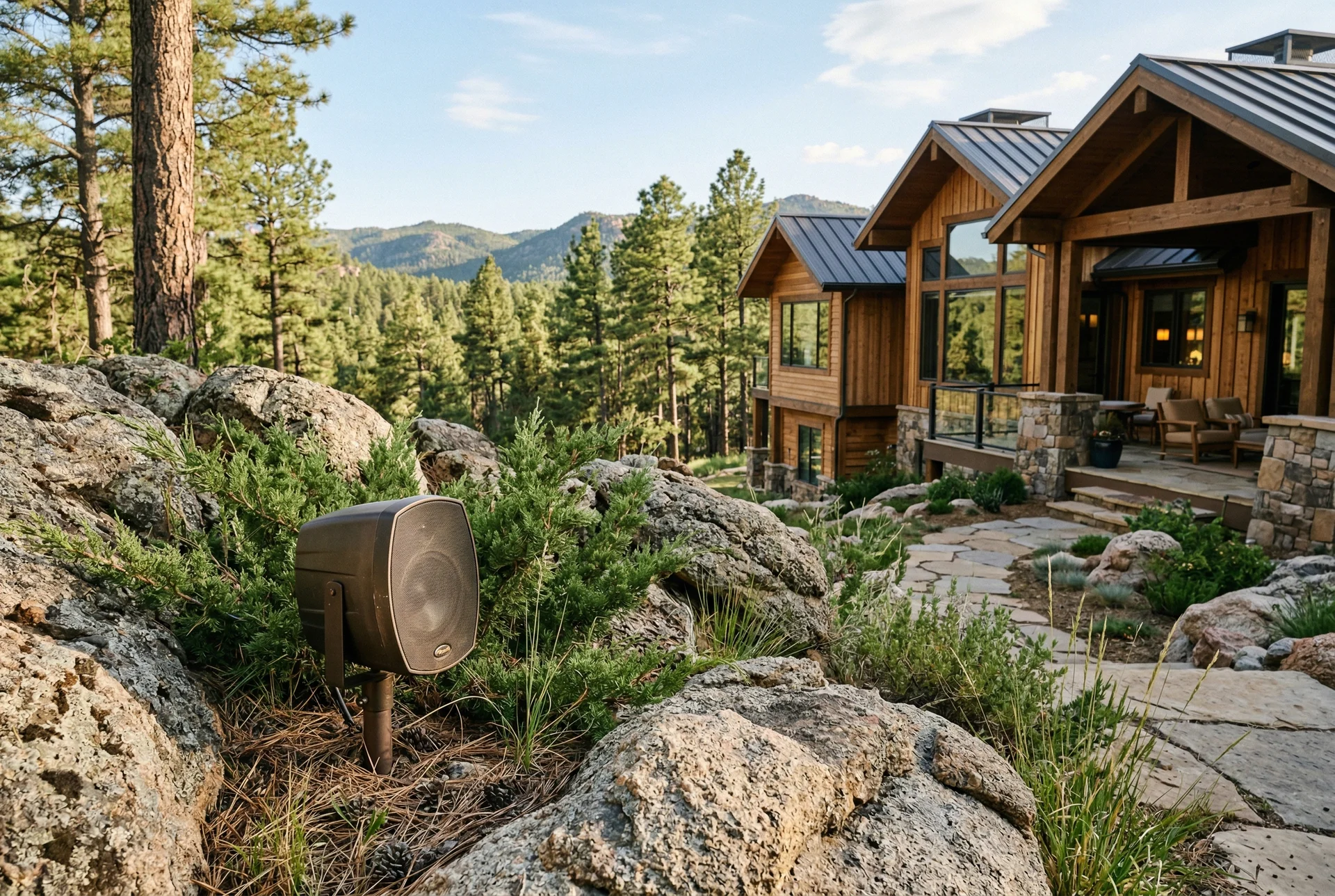 Landscape speaker among granite boulders and juniper in Prescott Arizona