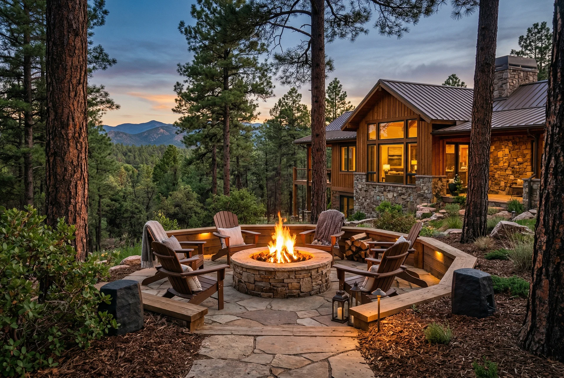 Fire pit area at dusk with landscape speakers and pine trees in Prescott Arizona