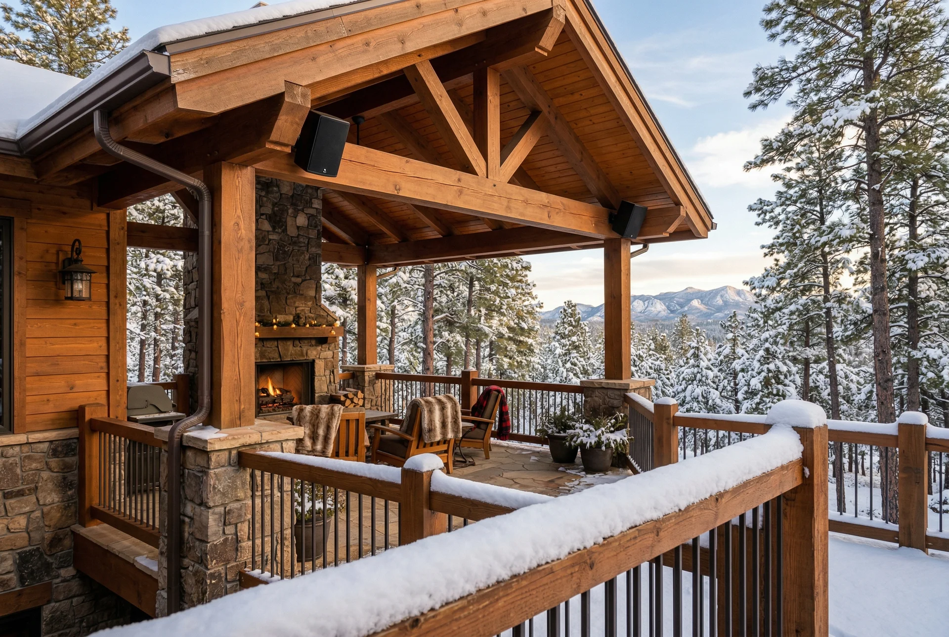 Covered patio with light snow on railing and speakers under cover in Prescott Arizona