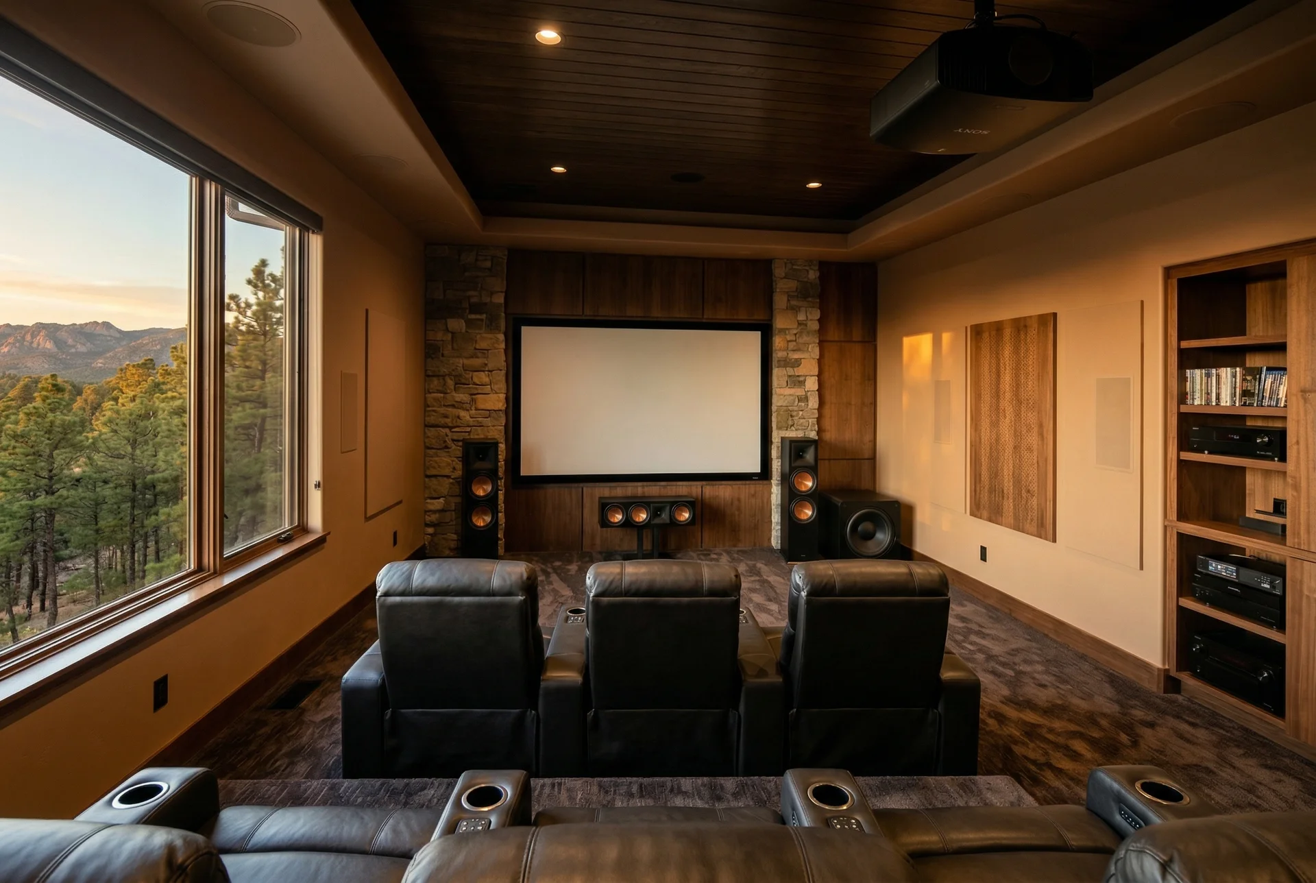 Finished mountain home theater with tower speakers in Prescott Arizona