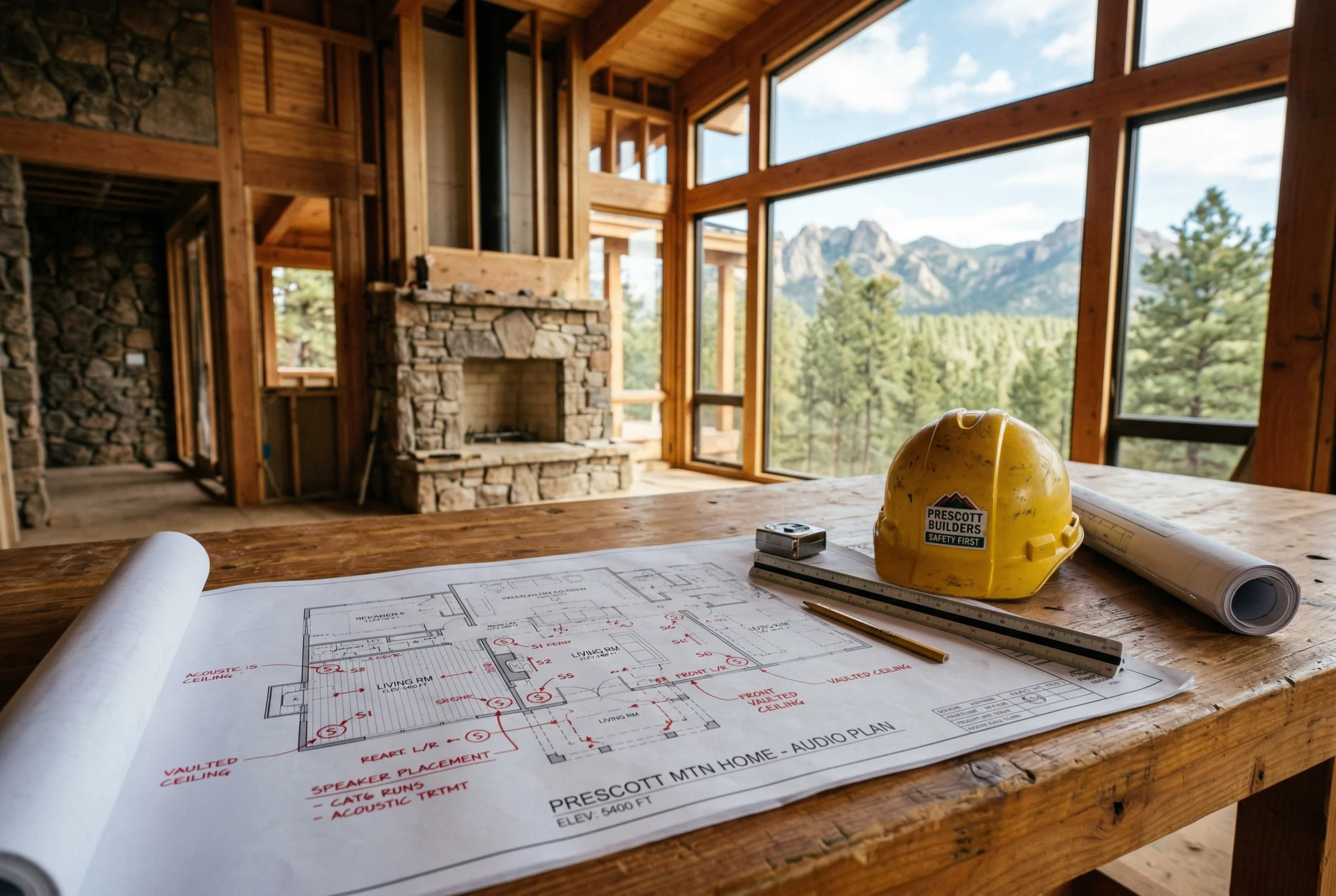 Blueprints on construction table with speaker placement markings and hard hat nearby in Prescott Arizona