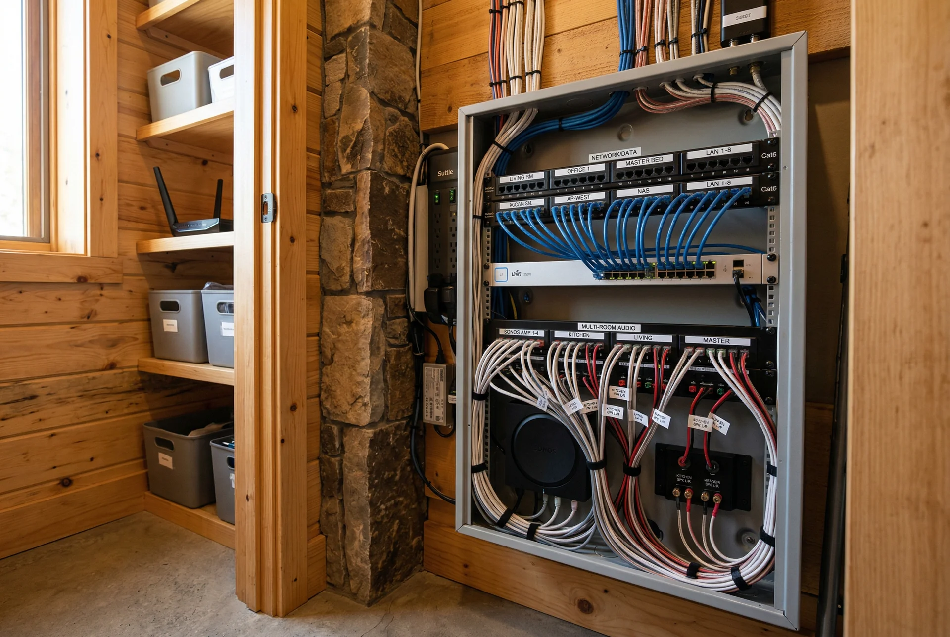 Structured wiring panel in utility closet with labeled audio and network connections in Prescott Arizona
