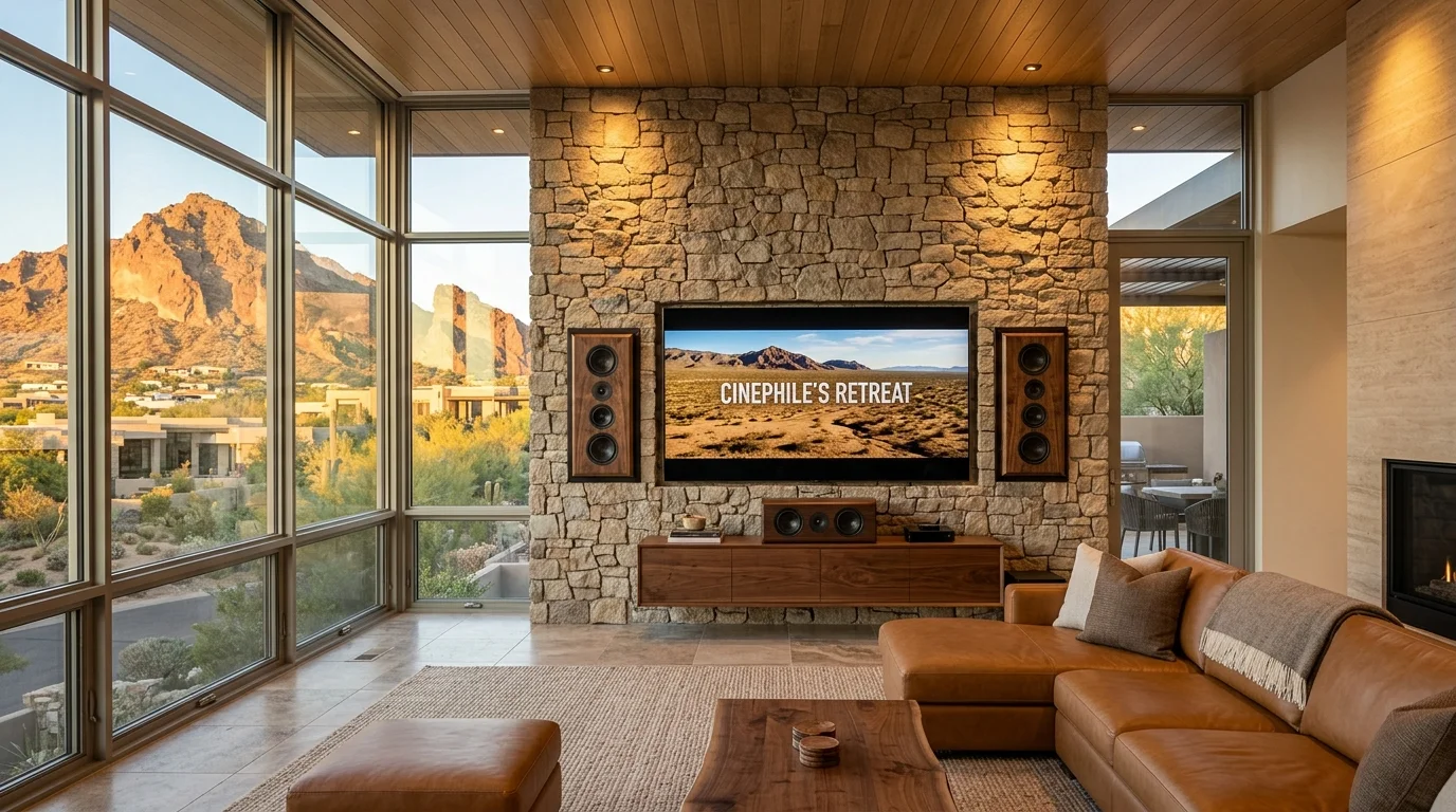 Custom home theater with on-wall WubWub Audio speakers in Paradise Valley Arizona estate great room