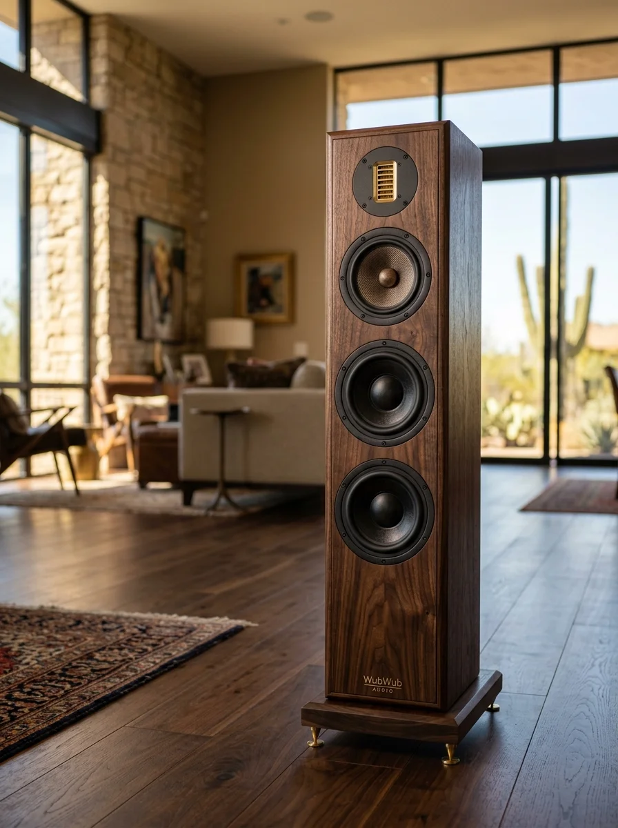 Handcrafted WubWub Audio walnut tower speaker with ribbon tweeter in Arizona luxury home