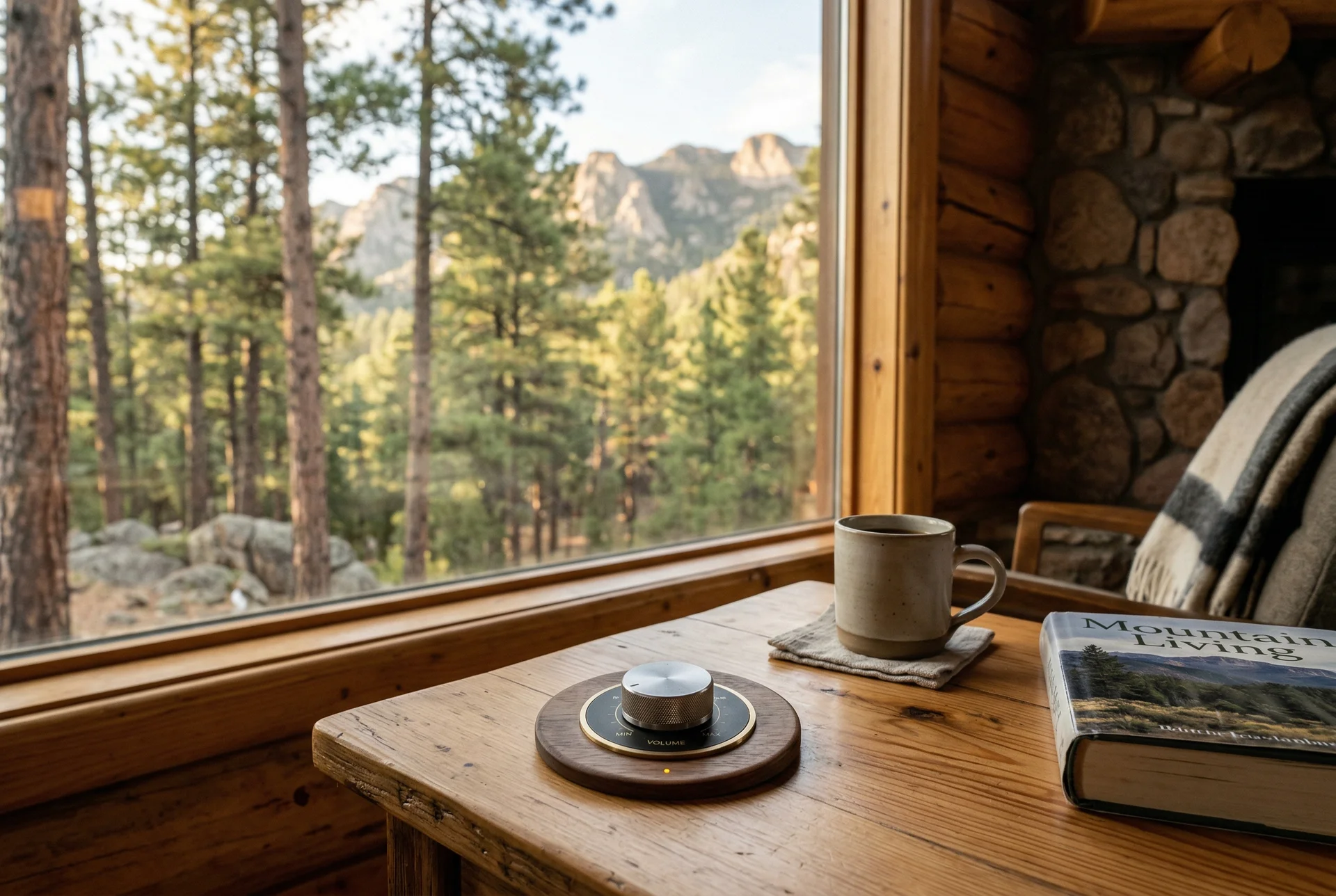 Simple one-button audio control interface on side table in Prescott Arizona