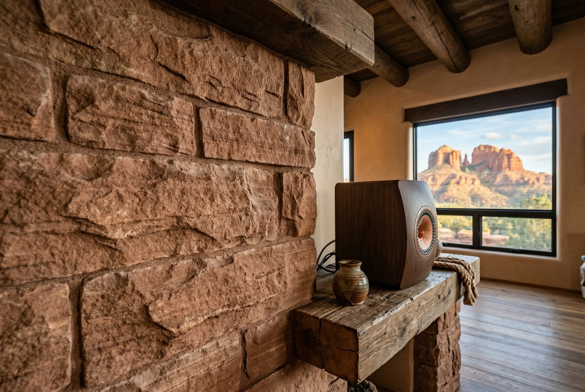 Sandstone accent wall close-up showing texture with speaker nearby in Sedona Arizona