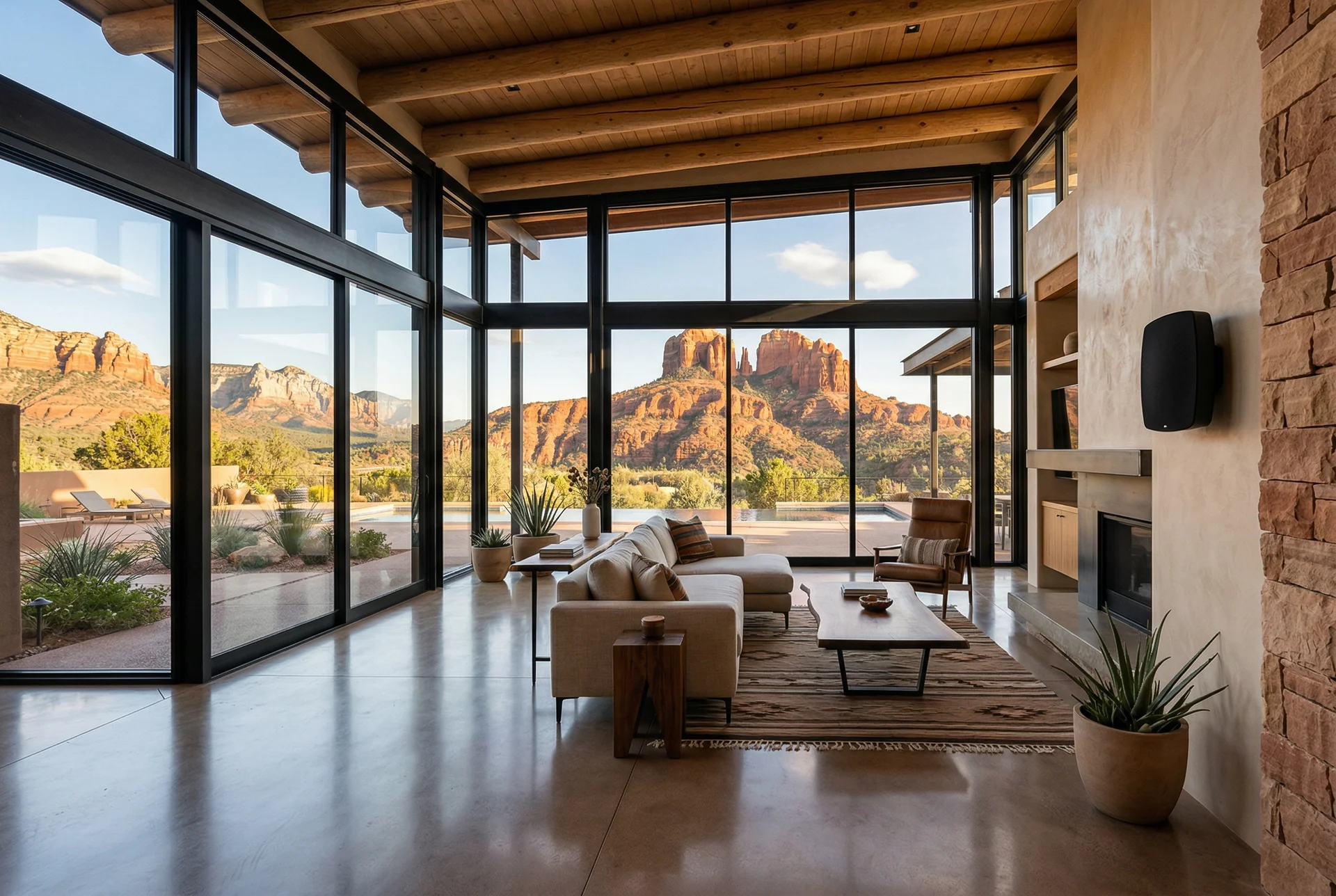 Polished concrete floor and glass walls in contemporary Sedona home with on-wall speakers in Sedona Arizona