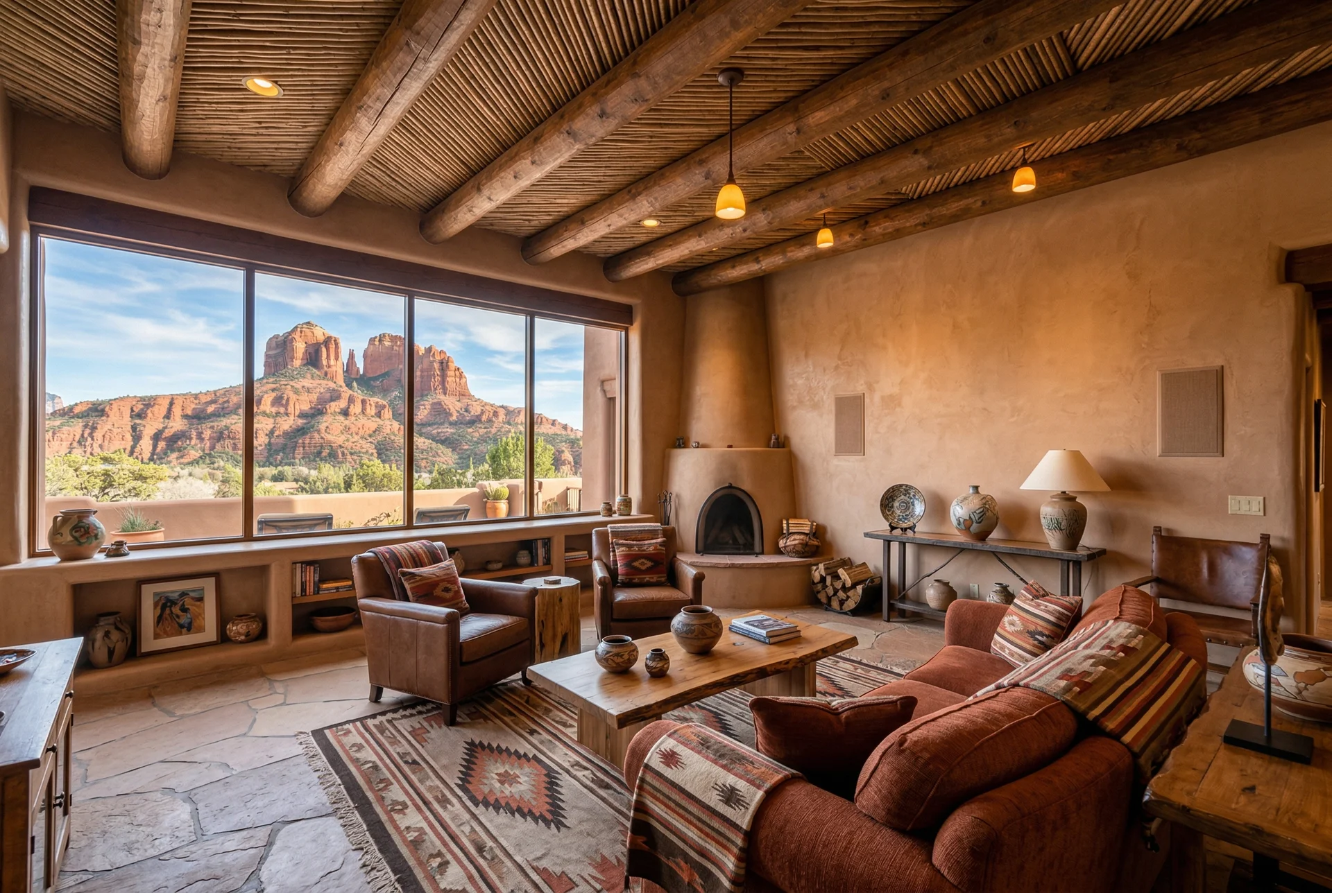Pueblo Revival room with latilla ceiling and on-wall speakers in Sedona Arizona