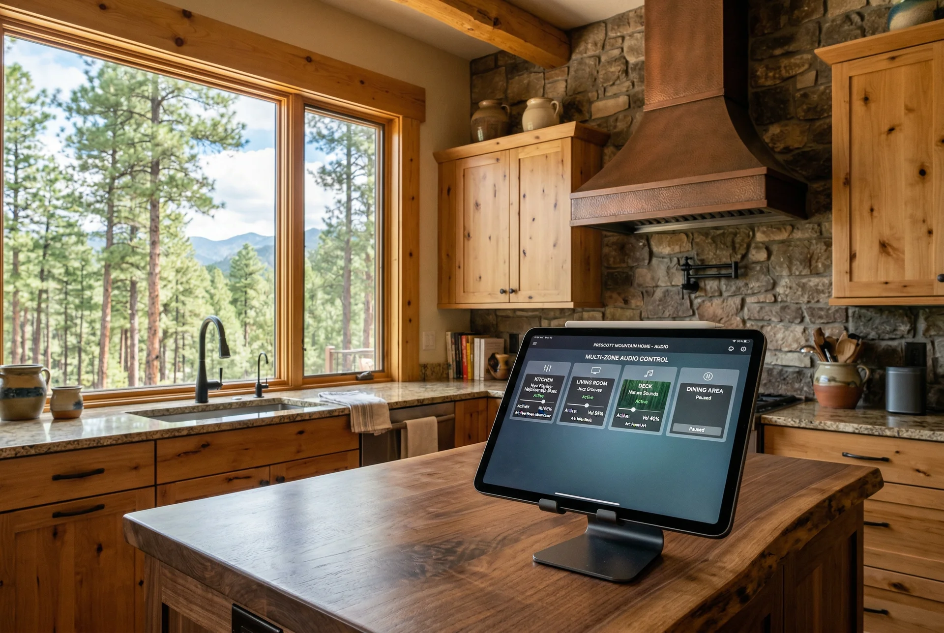 Tablet showing multi-zone audio control in Prescott kitchen in Prescott Arizona