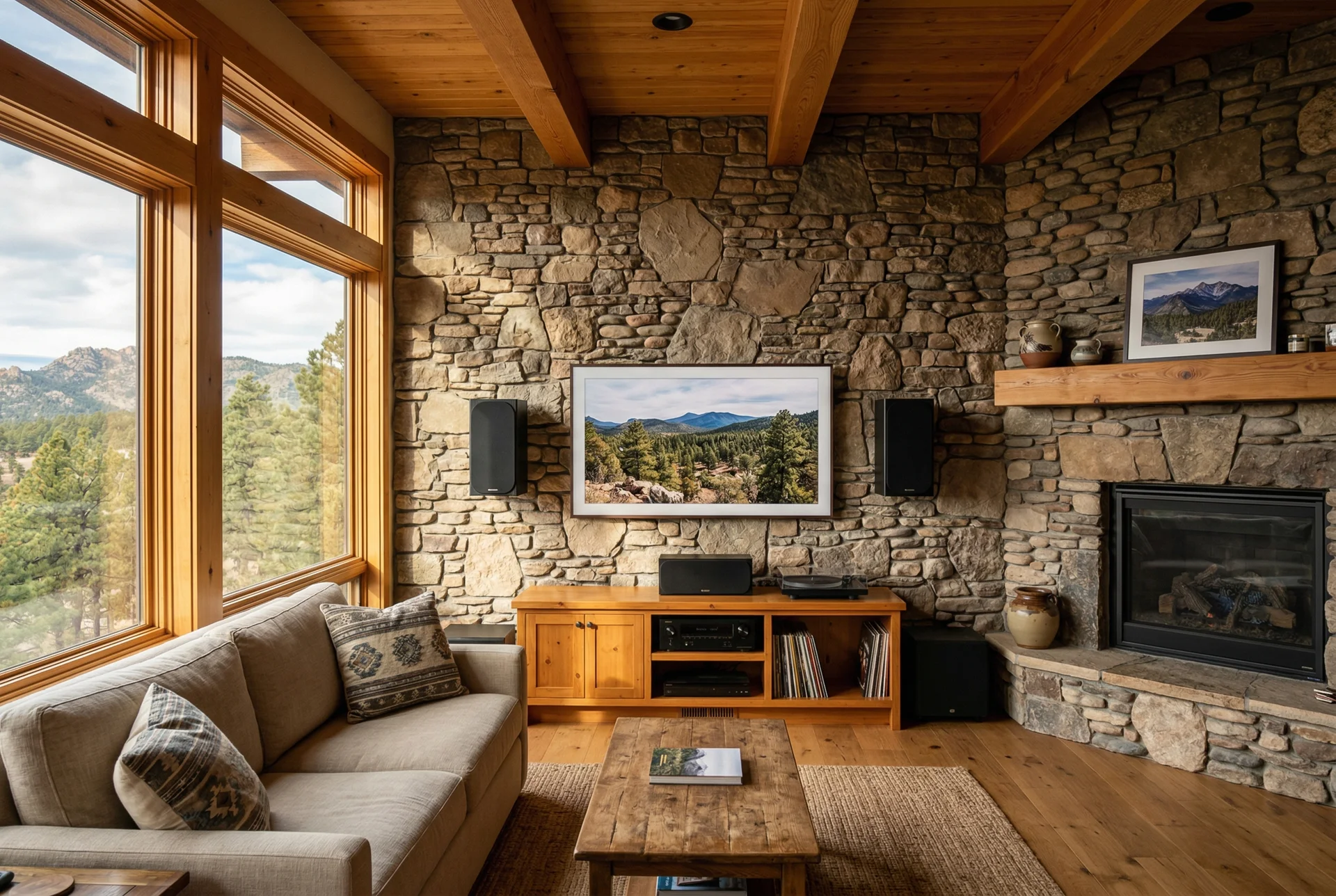 On-wall speakers on stone accent wall with clean cable management in Prescott Arizona