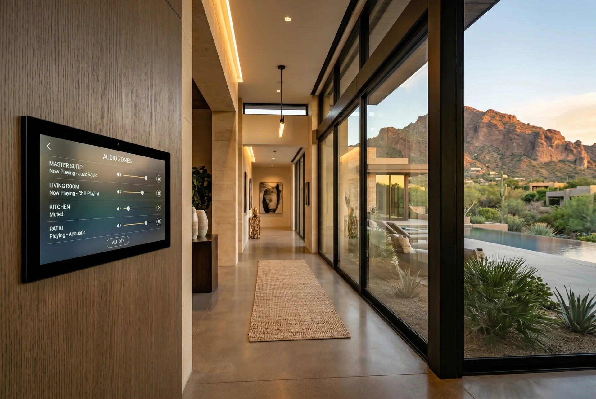 Smart home touchscreen showing audio zone controls in elegant hallway in Paradise Valley Arizona home