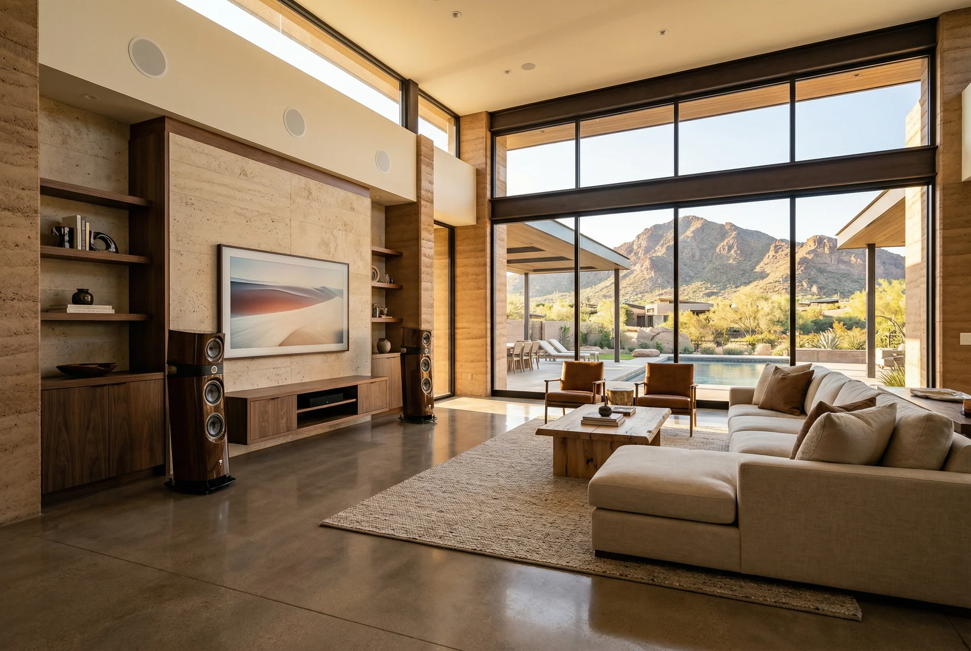 Tower speakers in a great room replacing small builder-grade ceiling speakers in Paradise Valley Arizona home