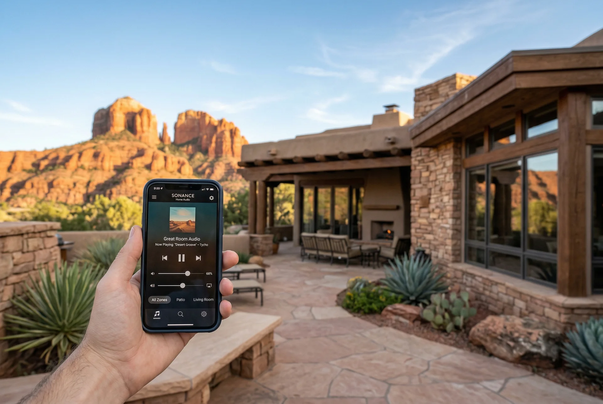 Smartphone showing remote home audio control app with Sedona red rock home in background in Sedona Arizona