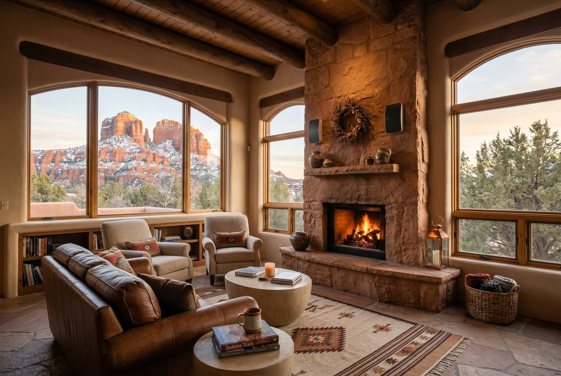 Cozy Sedona living room with stone fireplace and on-wall speakers in Sedona Arizona