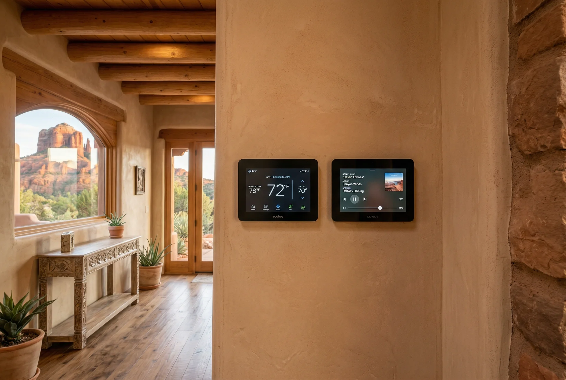 Smart thermostat and audio control panel side by side in hallway in Sedona Arizona