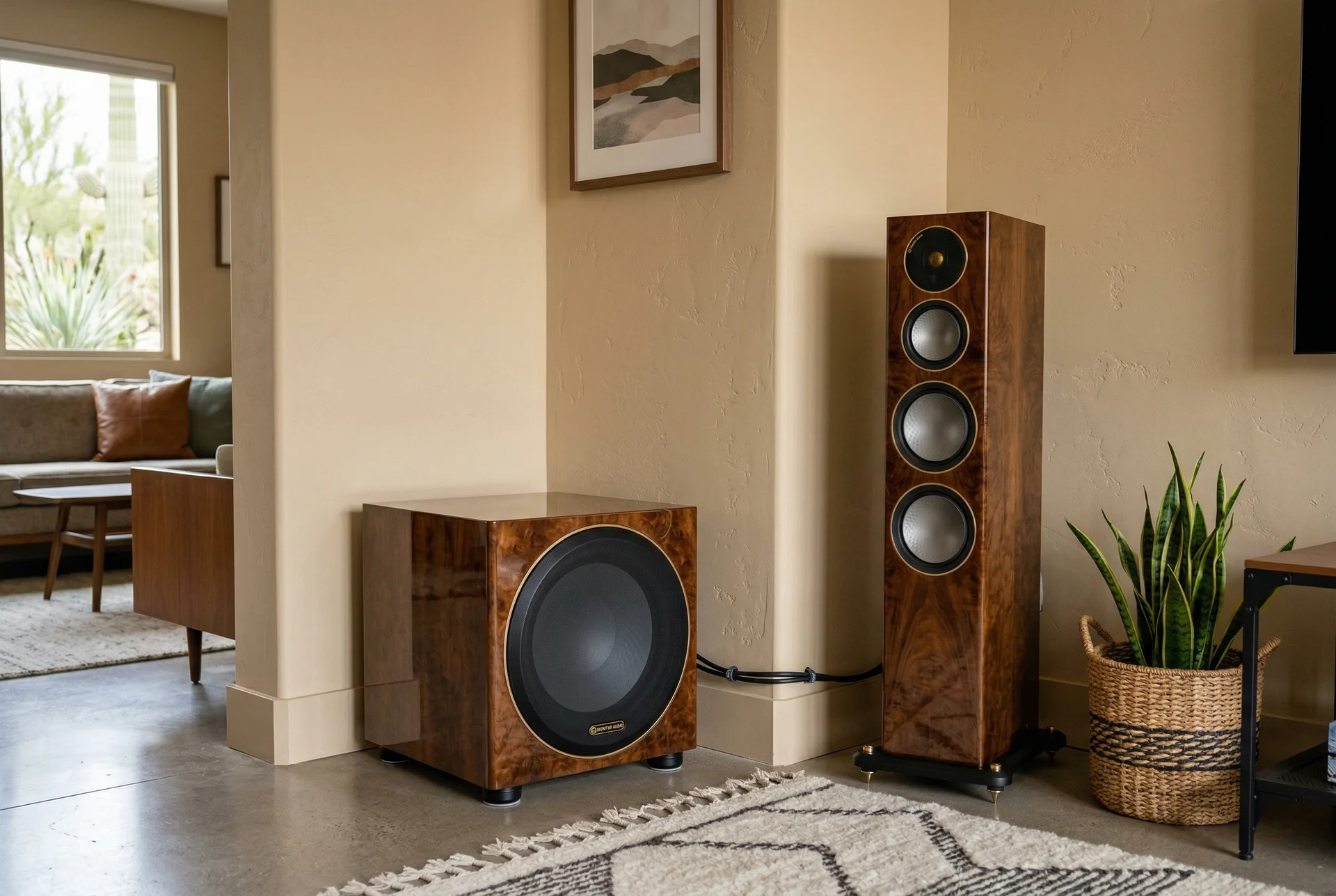 Subwoofer in corner placement next to tower speaker in Scottsdale open floor plan