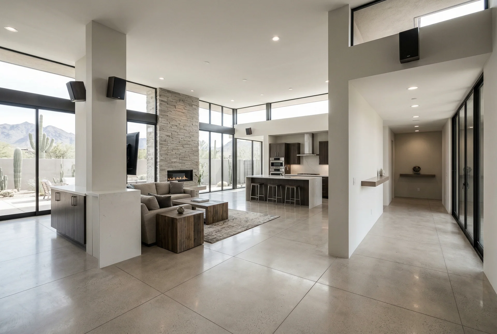 Open floor plan Scottsdale home showing surround sound speaker placement challenges with no back wall