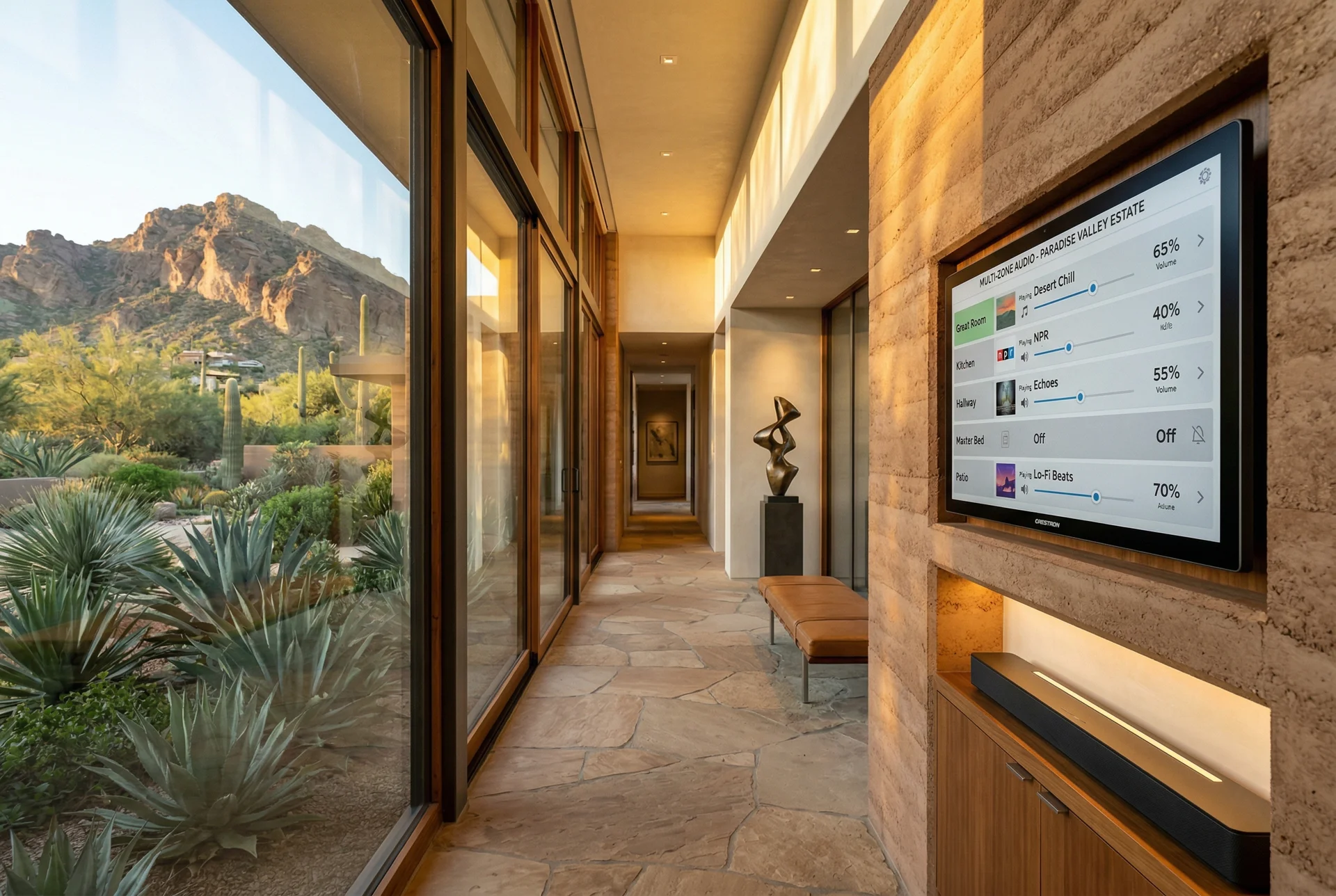 Smart control panel showing multi-zone audio in luxury hallway in Paradise Valley Arizona