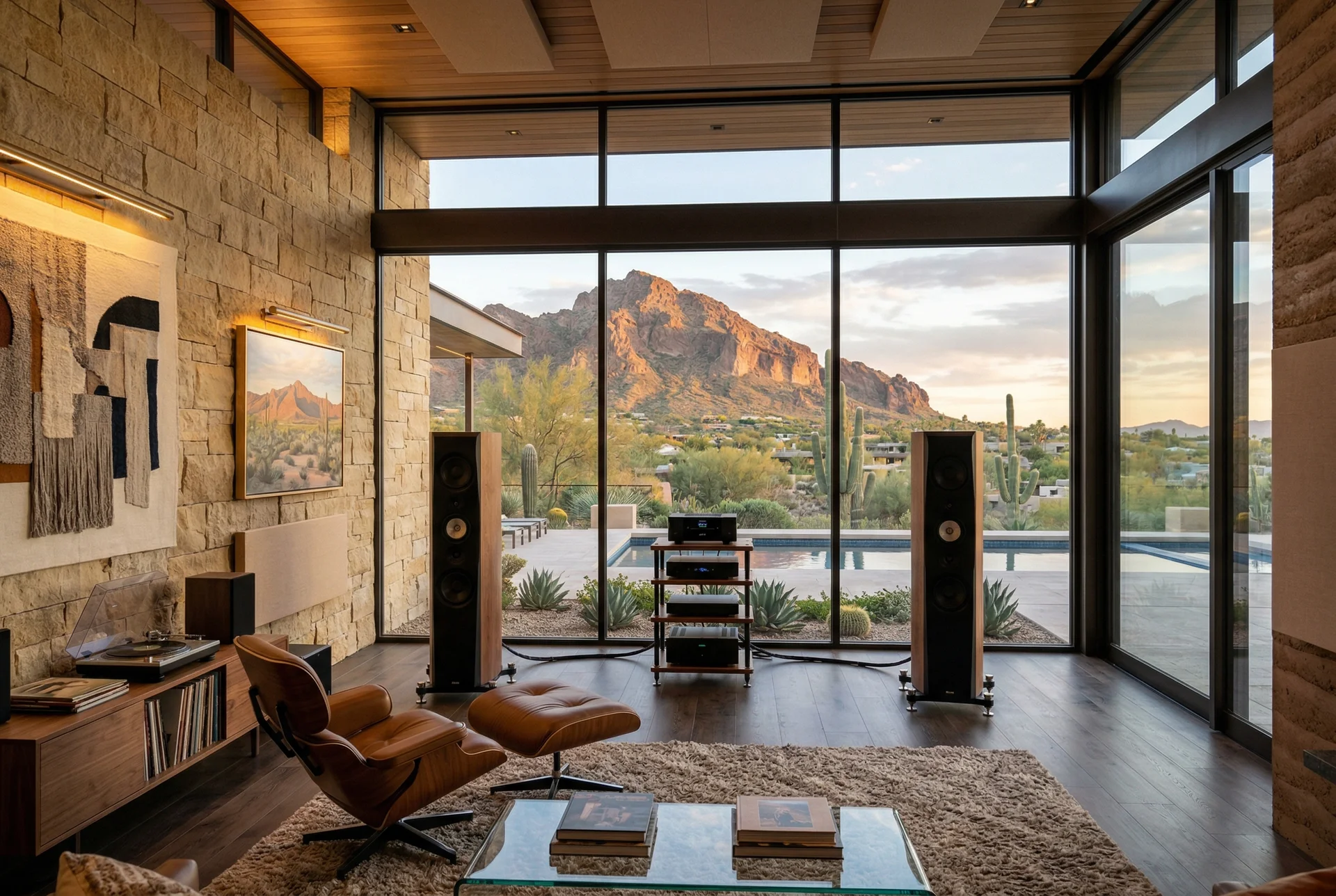 Tower speakers in dedicated listening room with art on walls in Paradise Valley Arizona
