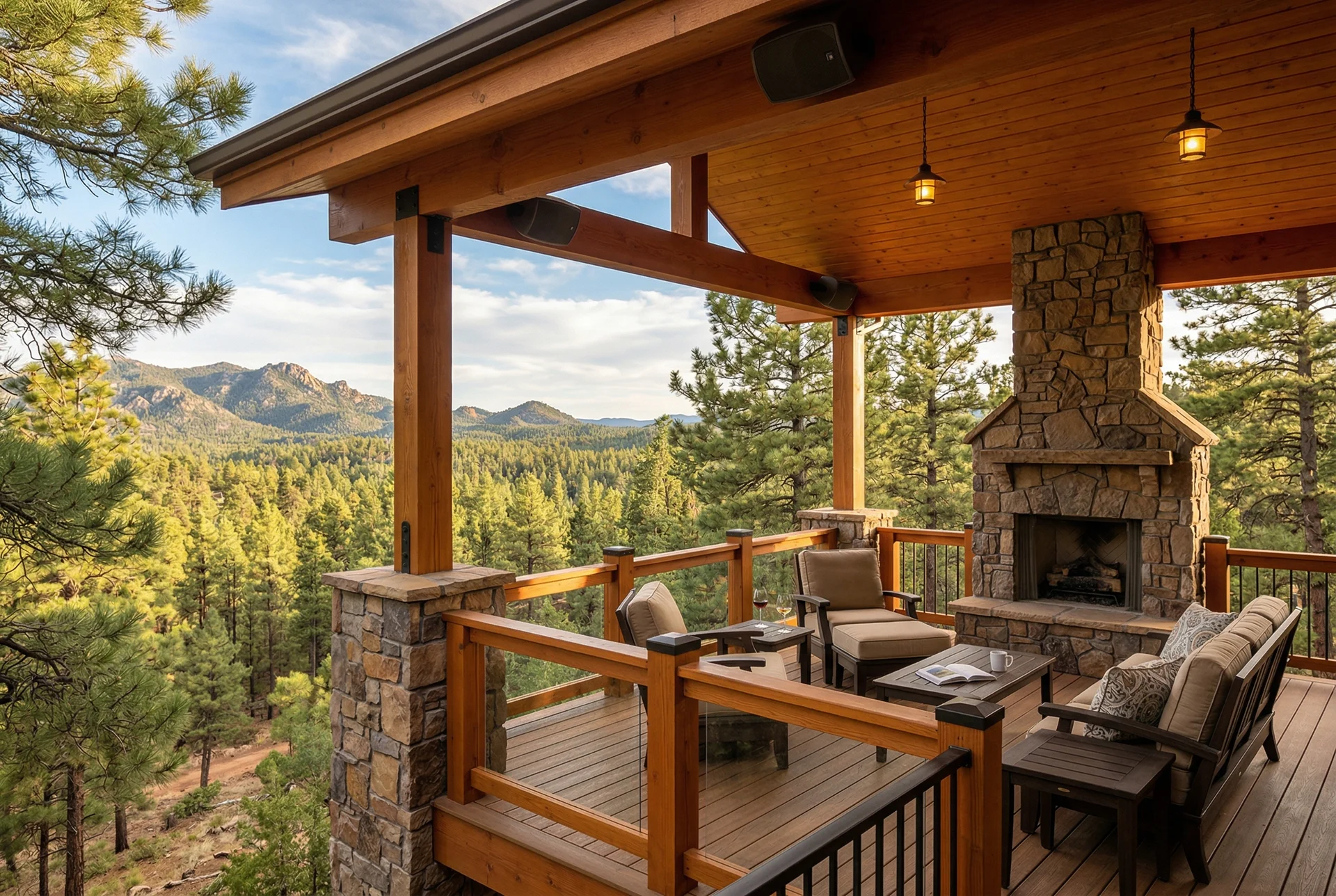 Covered deck with speakers overlooking ponderosa pines in Prescott Arizona