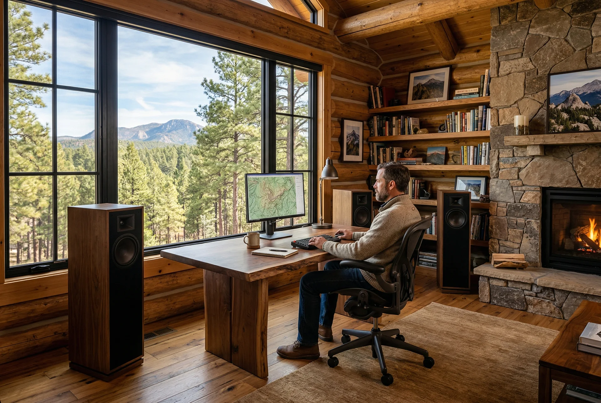 Home office with tower speakers flanking desk in mountain cabin in Prescott Arizona
